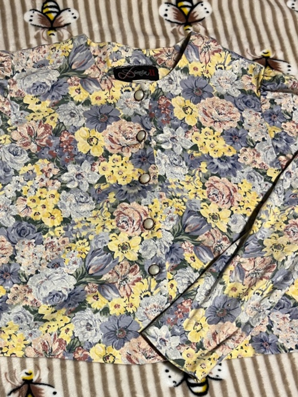 Vintage Floral Button-Front Cardigan in Yellow, Blue & Cream